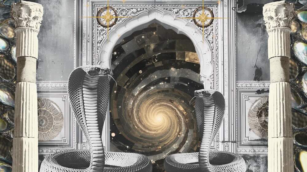 Mystical 11/11 Portal artwork featuring twin cobras guarding a universal spiral gateway; invitation to a free online Kundalini Yoga session for vertical alignment and transformation